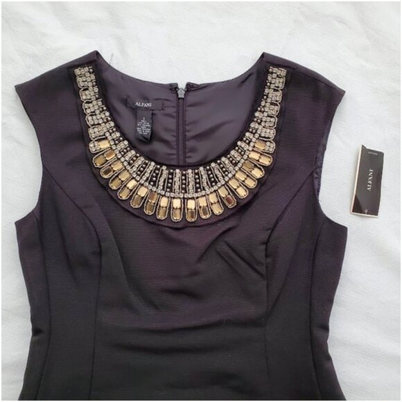 NWT Black Knee-Length Sleeveless A-Line Jeweled Bib Neckline Alfani Dress Size 2 - Picture 4 of 9